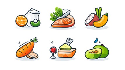 Healthy Food Icons: Colorful Vector Illustrations of Fresh Produce and Protein