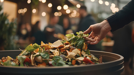 Eco-Friendly Composting: A person adds organic waste to a compost bin, surrounded by the soft glow of string lights and the ambient presence of people.