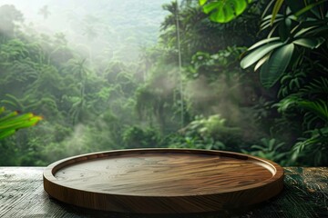 high detail picture of wooden plate on the table with rain forest background