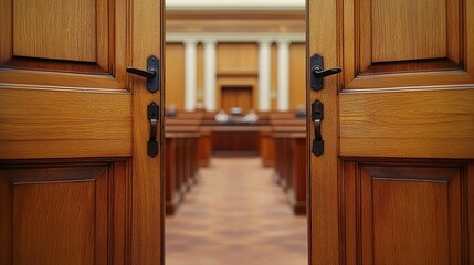 Obraz premium Open wooden doors reveal a courtroom interior.