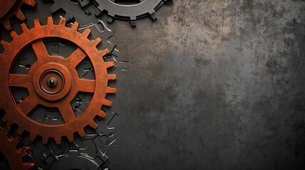 Industrial gears in gray and rust tones create a robust mechanical backdrop with a metallic gradient for text display