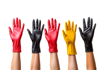 Colorful Rubber Gloves Raised Together in Unison for Everyday Tasks