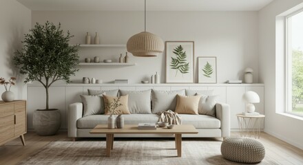 Cozy modern living room, Scandinavian design, light gray sofa, wooden coffee table, potted indoor tree, white brick wall, framed botanical prints, natural light, large window, neutral color palette, m