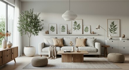 Cozy modern living room, Scandinavian design, light gray sofa, wooden coffee table, potted indoor tree, white brick wall, framed botanical prints, natural light, large window, neutral color palette, m