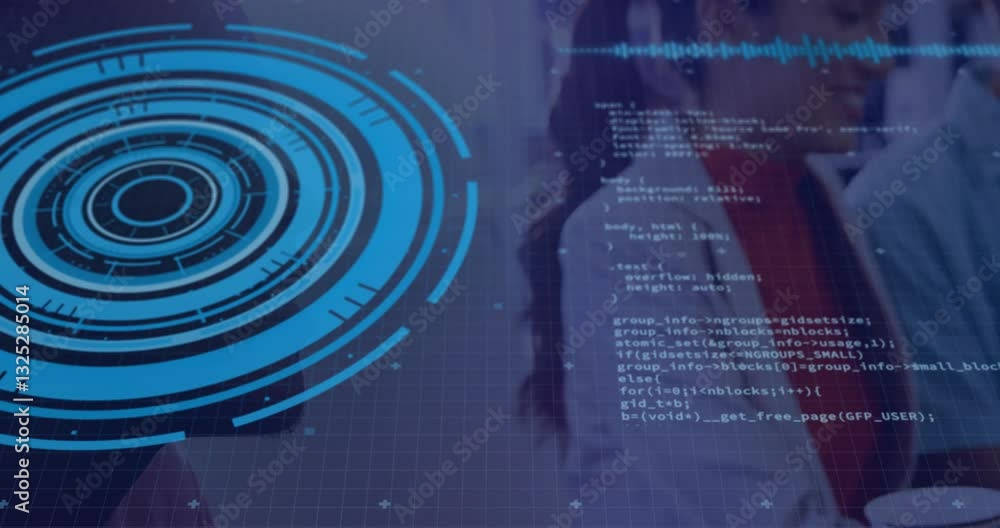 Poster working with animation, person using futuristic digital interface in school