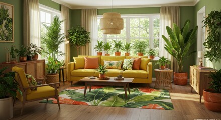 Fototapeta premium Cozy living room, mid-century modern design, yellow velvet sofa, orange armchair, large windows, abundant houseplants, botanical prints, wooden coffee table, green walls, woven area rug, round pendant