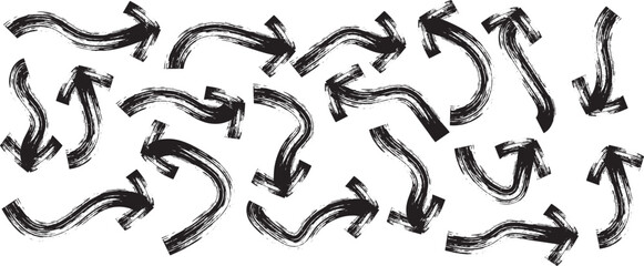 Vector Grunge Arrows Collection. Brush, marker drawn bold arrows set. Collection of hand drawn doodle thick arrows in different directions. Vector illustration