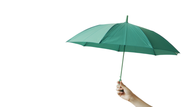 Hand holding green umbrella on transparent background