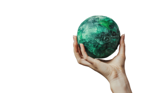 Hand holding green planet earth globe with transparent background