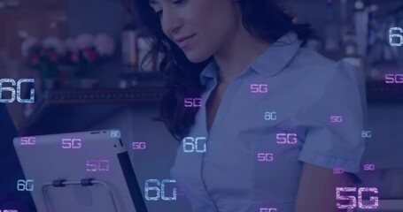 Woman using tablet with 5G and 6G technology text overlay animation - Powered by Adobe