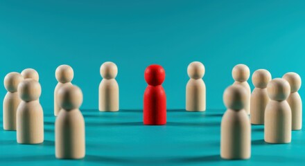 wooden figures, leadership concept, red figure standing out, group dynamics, teal background, minimalist composition, contrast, simplicity, business metaphor, individuality, team representation, stark