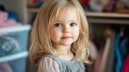 Fototapeta premium Cute Blond Girl Organizing Wardrobe 