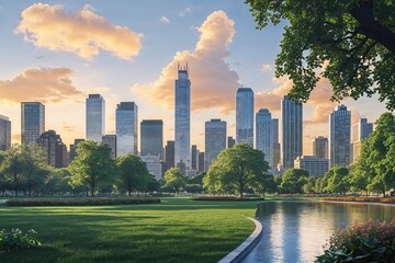 Contemporary Urban Retreat City Skyline and Park Scene for Lifestyle Magazine Cover