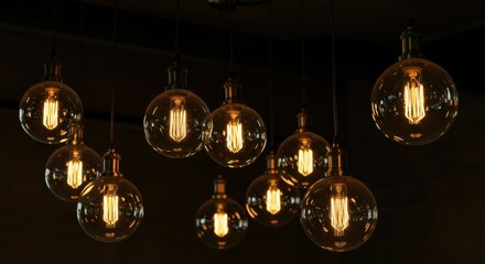 vintage edison bulbs, glass orb pendants, warm glowing filaments, dark background, industrial lighting, retro ambiance, suspended spherical lamps, minimalist decor, moody atmosphere, floating illumina