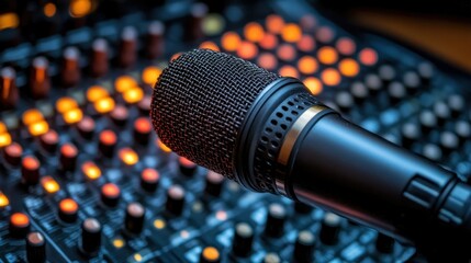 Recording studio microphone over mixing console