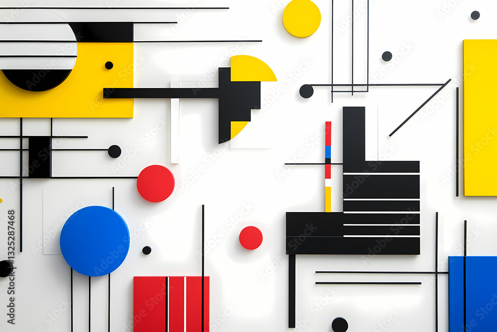 Poster geometric harmony: modern art composition, vibrant colored geometric shapes and lines, and the stark