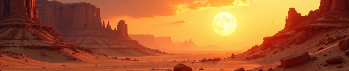 A breathtaking sunset over arid terrain with vibrant orange hues and majestic formations.