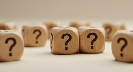 wooden dice, question marks, uncertainty, decision making, choices, risk, beige background, close-up, shallow depth of field, conceptual, minimalist, problem-solving, curiosity, mystery, macro photogr