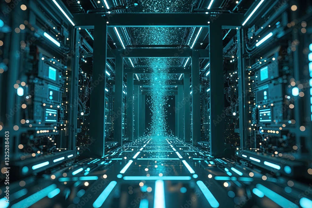 Poster quantum cascade teal ambiance with illuminating particles in 3d it infrastructure setting