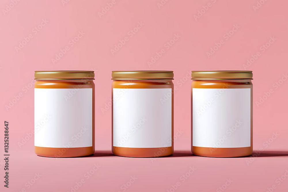 Poster product showcase: three jars with blank labels are elegantly displayed on a pink surface, creating a
