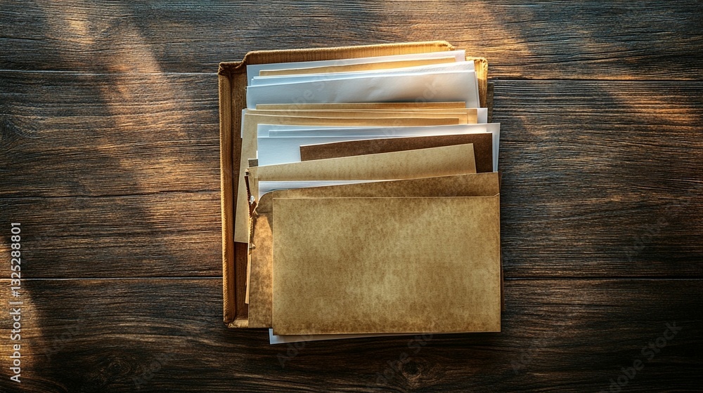 Poster stack of old papers and files in a folder on a wooden desk, illuminated by sunlight.