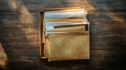 Stack of old papers and files in a folder on a wooden desk, illuminated by sunlight.
