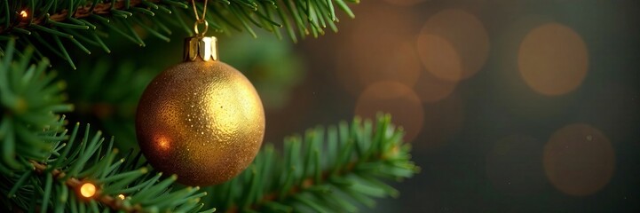 A close-up view of a golden Christmas ornament hanging on a lush green tree.