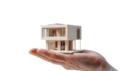 Architect holding modern sustainable house model in open hand on transparent background