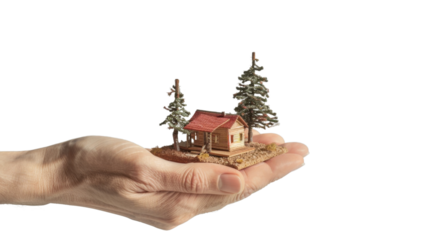 Hand holding miniature wooden cabin with transparent background