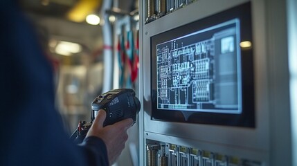 Technician inspecting industrial control panel with thermal imaging camera.
