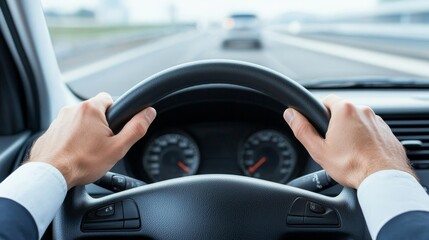 Fototapeta premium Corporate Worker Frustrated in Traffic: Impatient Hands Tapping Steering Wheel in Stress of Long Commute