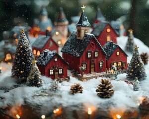 A miniature christmas village scene covered in fresh white snow