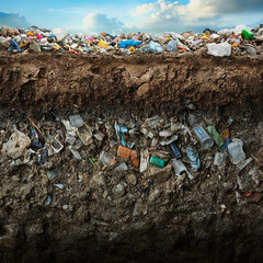 Cross-section of landfill showing surface waste and buried decomposition