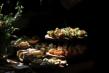 Gourmet Appetizers Spread: Exquisite selection of appetizers artfully arranged for a lavish culinary experience, perfect for a sophisticated gathering or celebration.