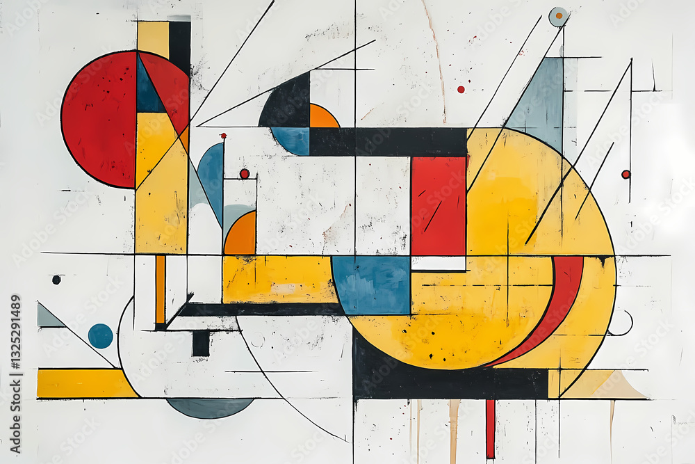 Poster geometric abstraction: a dynamic composition of geometric shapes, lines, and colors intertwines in a