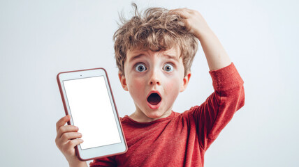 The little boy clutched his head in panic. The kid is holding a tablet with a white screen. Tablet mockup. The release of a new children's game on the tablet. Discounts, promotions, and sales