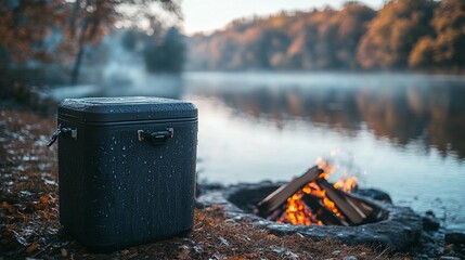 Waterproof box near campfire by lake at sunrise.