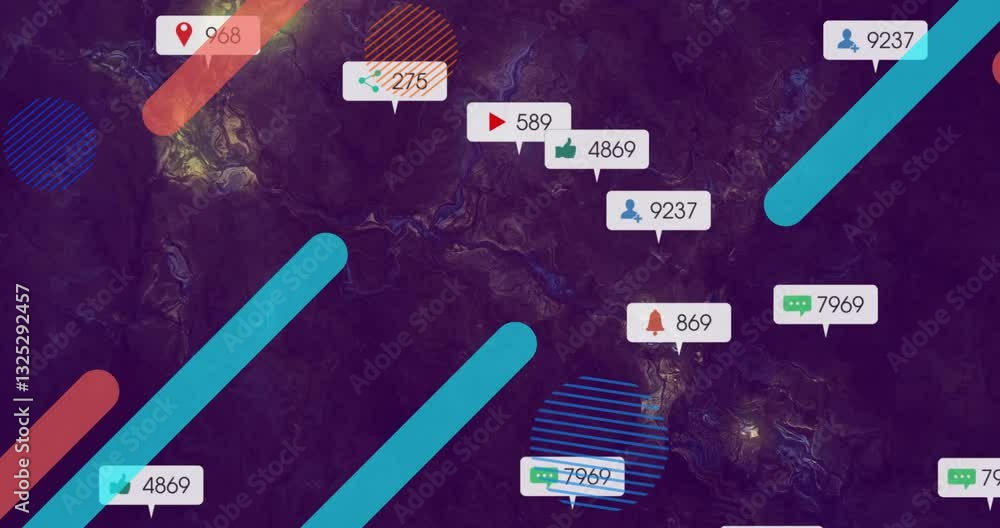 Poster icons and notifications overlaying colorful animation on dark abstract background