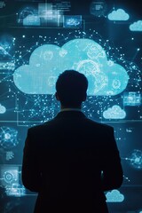 A businessman analyzing a cloud computing diagram for the new company.