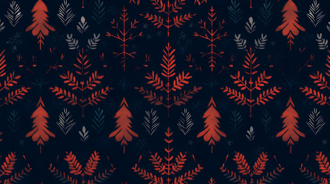 Vibrant Abstract Foliage Pattern Design: Red and Dark Background with Woodland Elements, Layered Textures, and Eclectic Graphics for an Elegant, Rustic, and Unique Art Print