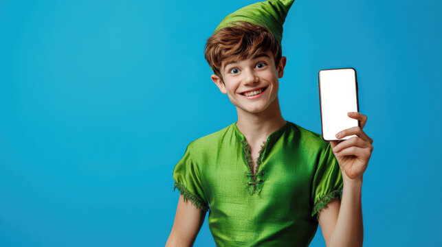 Online shopping for Halloween. A children's masquerade. A boy in a green Peter Pan suit holds a cell phone with a white screen in his hand. Phone mockup. An invitation to a fairy tale