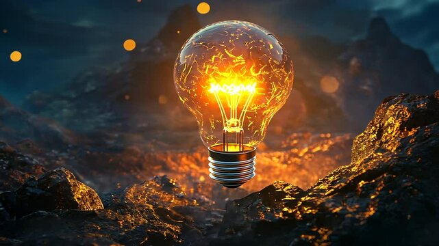 Light Bulb Illuminating Rocky Landscape Symbolizing Innovative Ideas and Inspiration