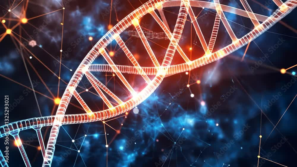 Poster glowing dna helix in dynamic motion with cosmic background