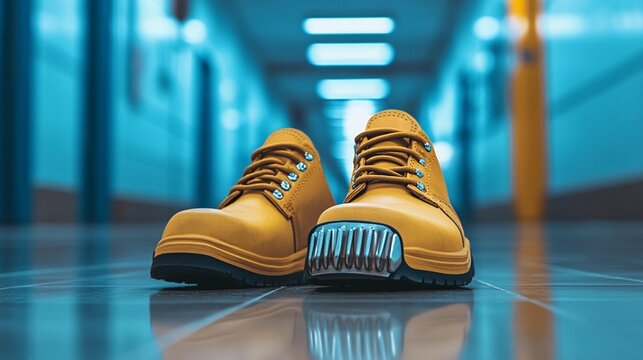 Yellow safety shoes with steel toe caps on a shiny floor in a hallway.