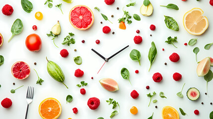 "Healthy Eating Time: A creative clock face artfully composed of fresh fruits, vegetables, and herbs, symbolizing the importance of nutritious food choices and a balanced diet.