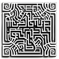 Intricate Black and White Maze Design: An Abstract Labyrinth Pattern with Complex Lines and Twists, Exploring Geometric Shapes and Visual Illusions in Modern Artistic Decor