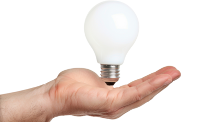 Hand holding a light bulb on transparent background