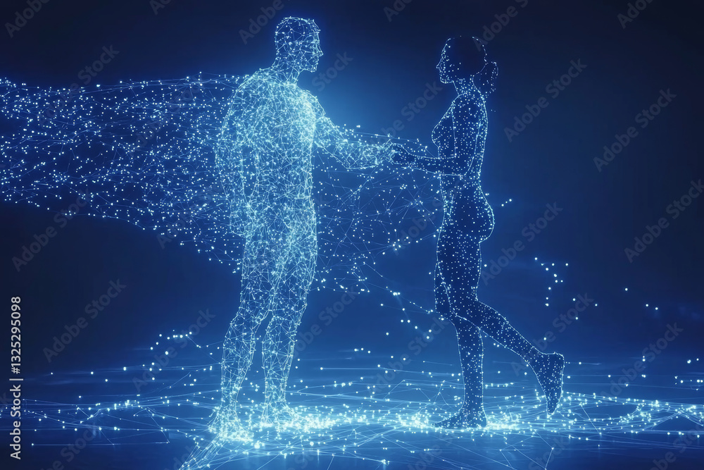 Poster digital representation of man and woman connecting, surrounded by glowing particles, symbolizing uni