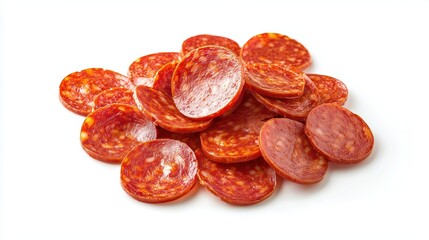 A pile of chopped pepperoni sausage on a white background, isolate