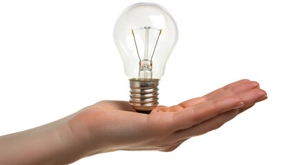 Hand holding light bulb on transparent background: innovation and creativity concept